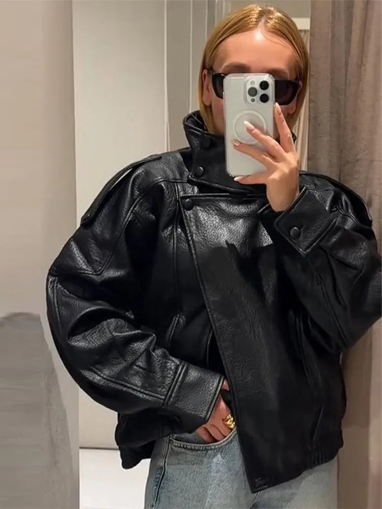 Fashion Leather Women's Jacket Y2k Street Single-breasted High Neck Female Coats 2026 Autumn Black Pu Long Sleeve Lady Jackets