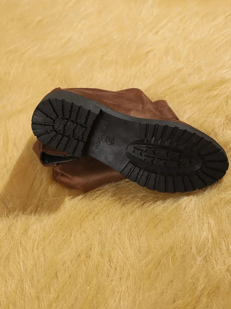 Women's Boots Round Toe Low Heel Suede-Look Slouchy Shaft Buckle Strap Textured Outsole Casual Daily Urban Walk Footwear Gear