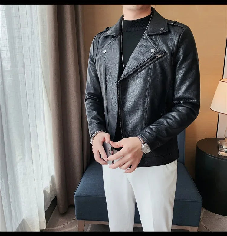 Men High Quality Faux Leather Jacket Vintage Oblique Zipper  Slim Fit Motorcycle Outwear Male Autumn Winter PU Leather Coats