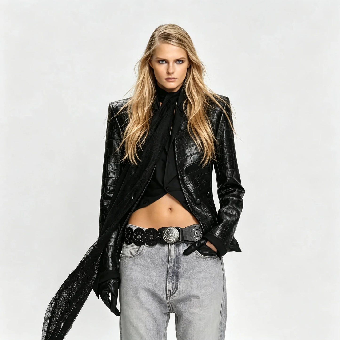 Laur Women Croc Faux Leather Blazer Jacket,Shoulder Pads Slim Waist Double Breasted Short Outerwear Autumn Winter 2026