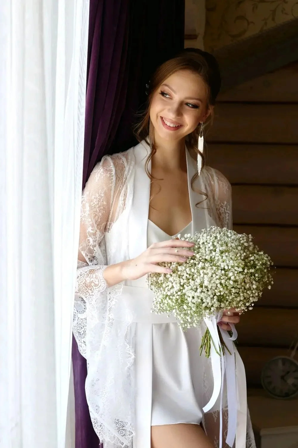 2 Pieces Wedding Robe Dress Customized Beach Full Lace Sexy Bridal Gowns for Photoshoot Night Gown
