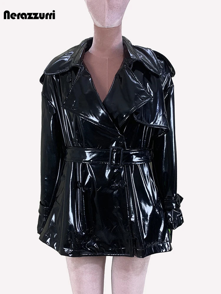 Nerazzurri Spring Autumn Oversized Thin Shiny Reflective Patent Leather Trench Coat for Women Double Breasted European Fashion