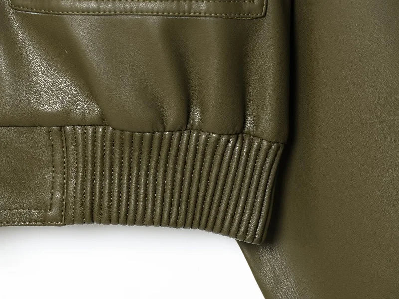 MUJER Faux Leather Cropped Jacket Women Bomber Demi-season Jackets for Women Long Sleeve Women's Coats Zip Overcoat Jacket Women