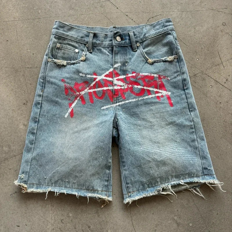 Jorts Rhinestone Y2K Graffiti  Distressed Printed Denim Shorts Men Women Trend Retro Hip Hop Streetwear Unisex Baggy Short Pants