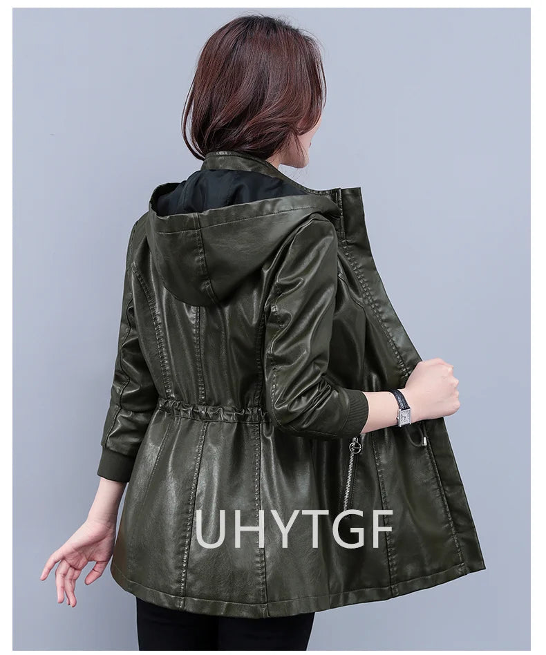 UHYTGF Fleece Winter Leather Female Quality Pu Leather Windbreaker Women Temperament Slim Warm 3XL Big Size Coat Deri Ceket 425