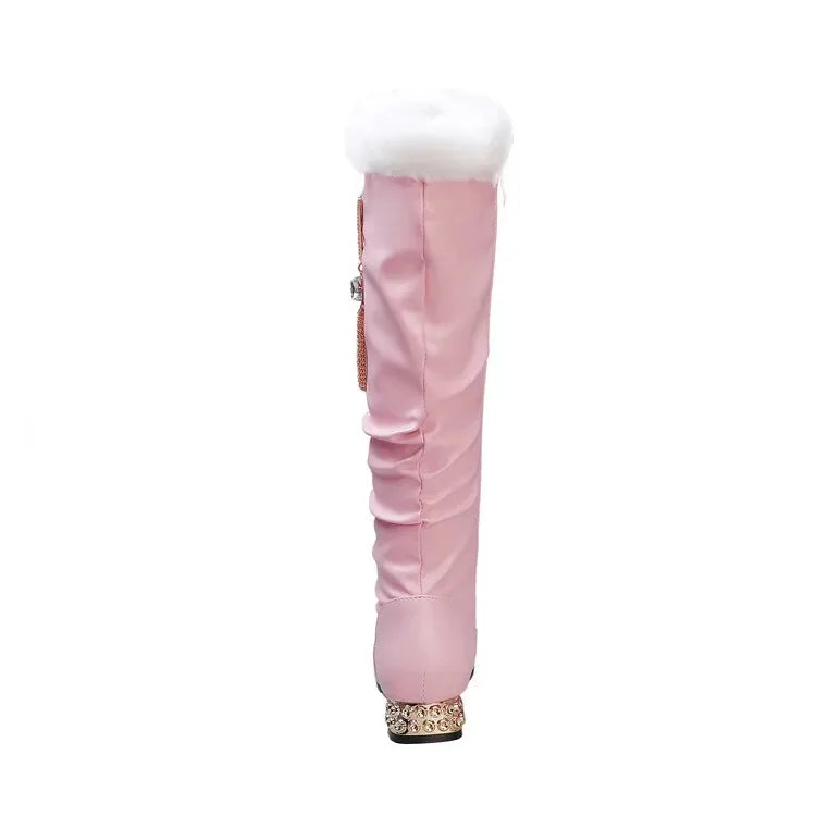 Winter Warm Knee High Boots Women Platform Wedges High Heels Snow Boots Slip on Winter Ladies Shoes White Black Pink 2025
