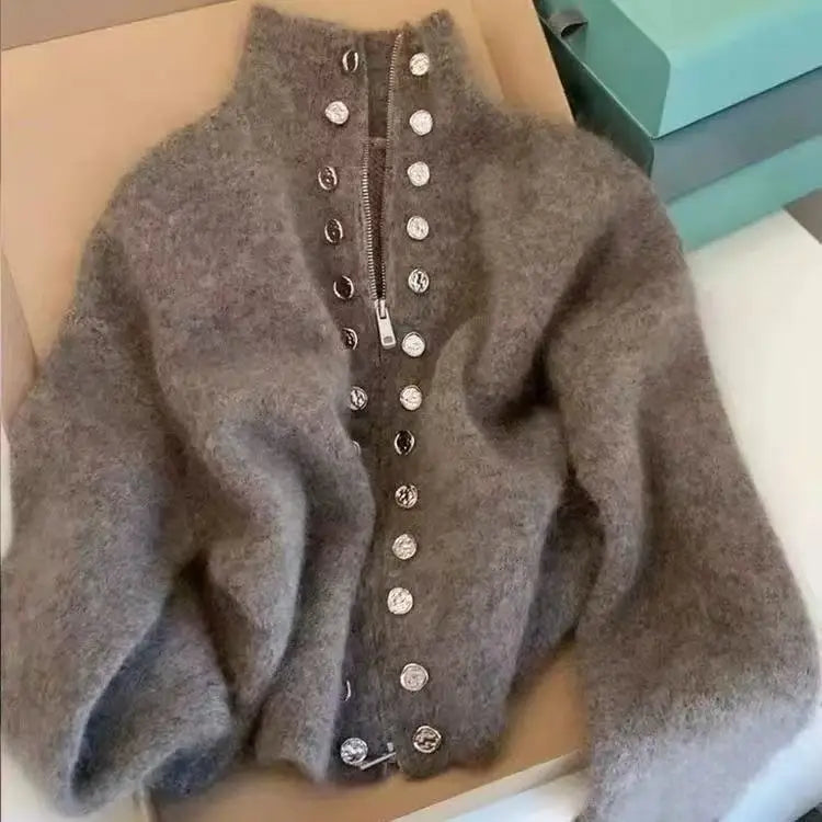 Luxury Fluffy Knitted Cardigans Sweater Design Double Breasted Sweater Coat Women Autumn Winter High-end Lazy Zipper Knit Top