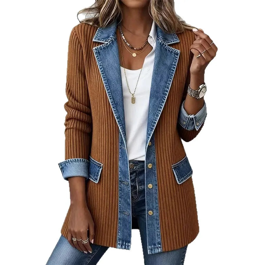 Women's Casual Autumn Retro Harajuku Fashion Elegant Slim Fit Sports Jacket Collar Long Sleeved Y2K Denim Patchwork Jacket