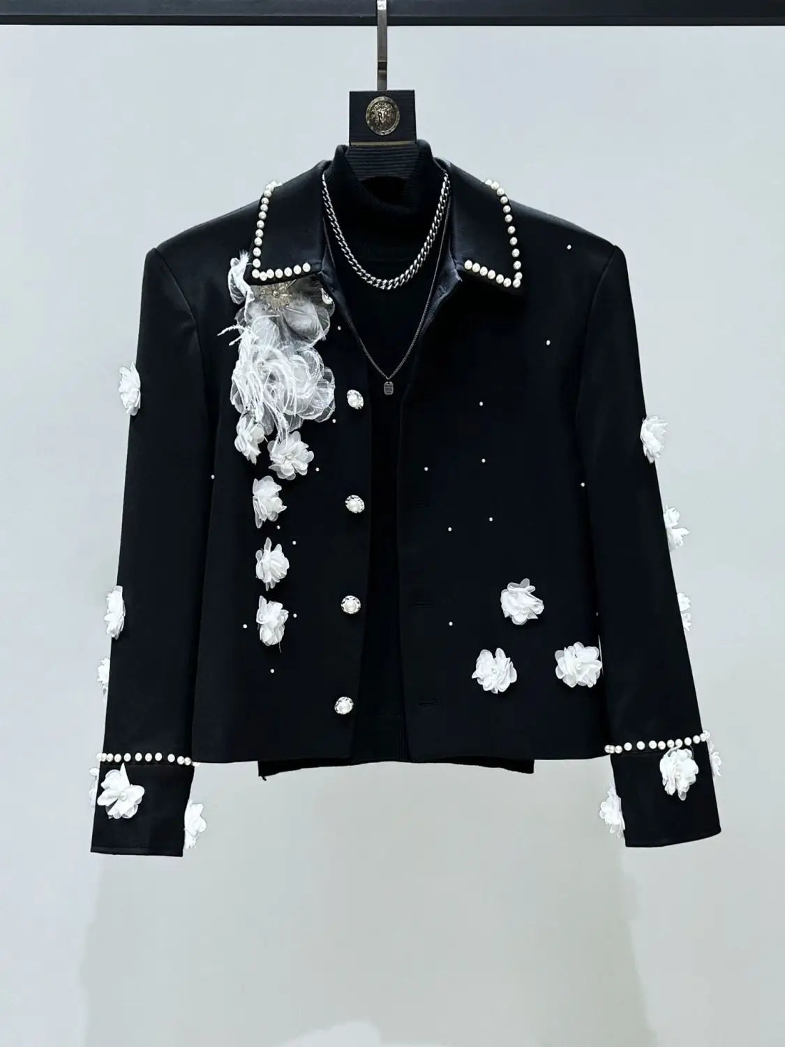 Premium Exquisite 3D Pearl Short Jacket UNISEX Autumn Korean Style Edgy Floral Top with Unique Heavy-Duty Craftsmanship