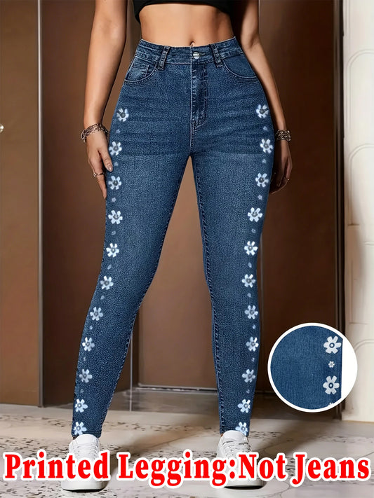Fashion Women Faux Denim Printed Skinny Pants, High Elastic Seamless Fake Pocket Casual Sports Long Leggings