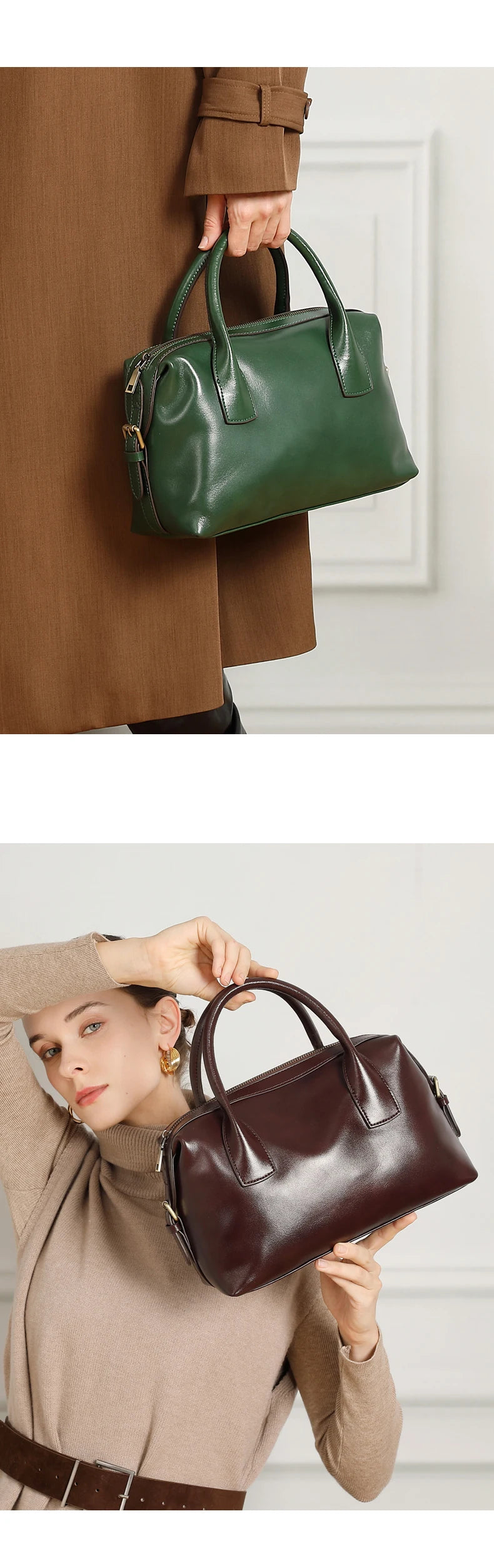 BURMINSA Genuine Cowhide Leather Handbags For Women Retro Pillow Top Handle Bags Bowling Daily Work Crossbody Shoulder Purses