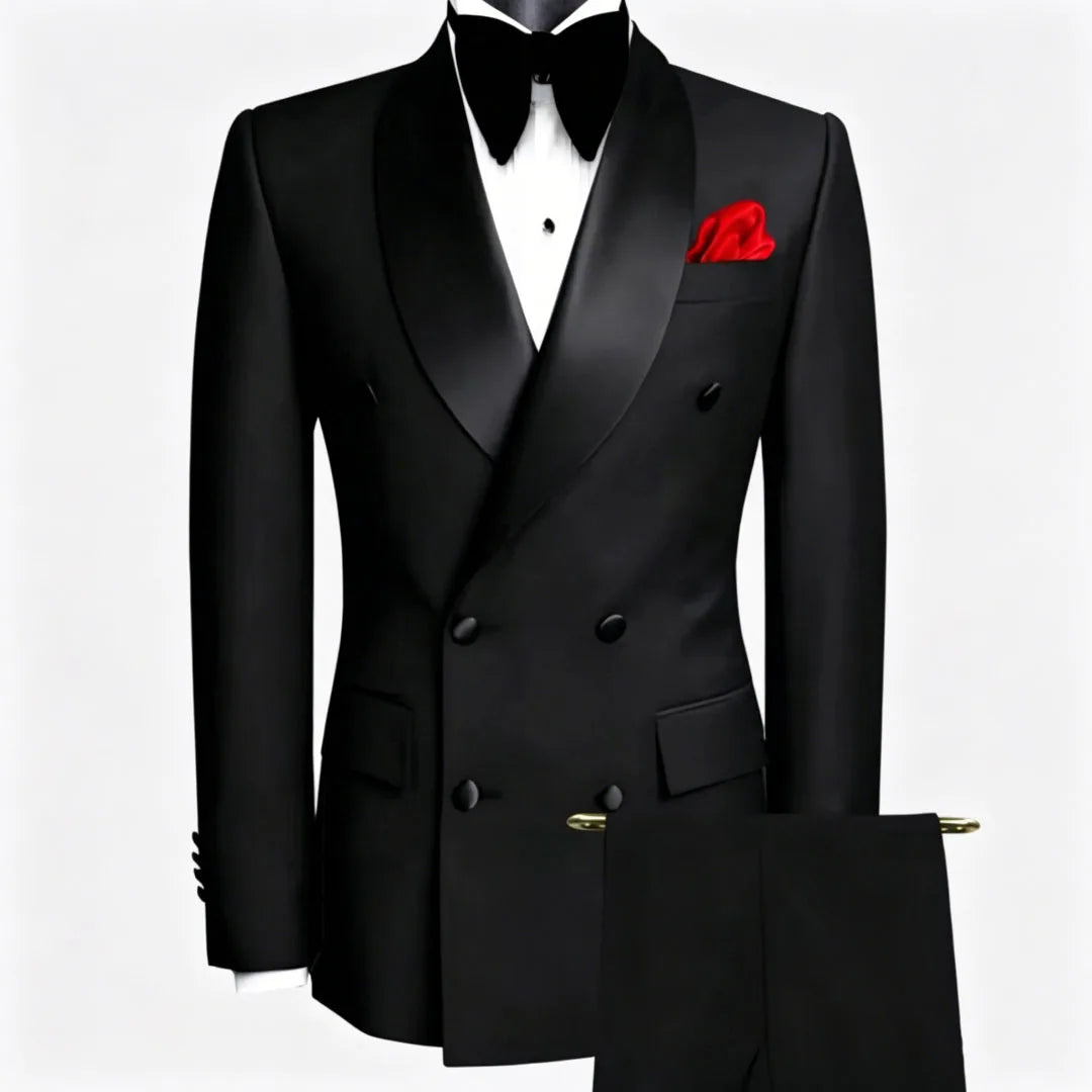 Men Suit Black 2 Pieces Double Button With Black Lapel For Wedding Groom Business Birthday Banquet Work Suit Jacket And Pants