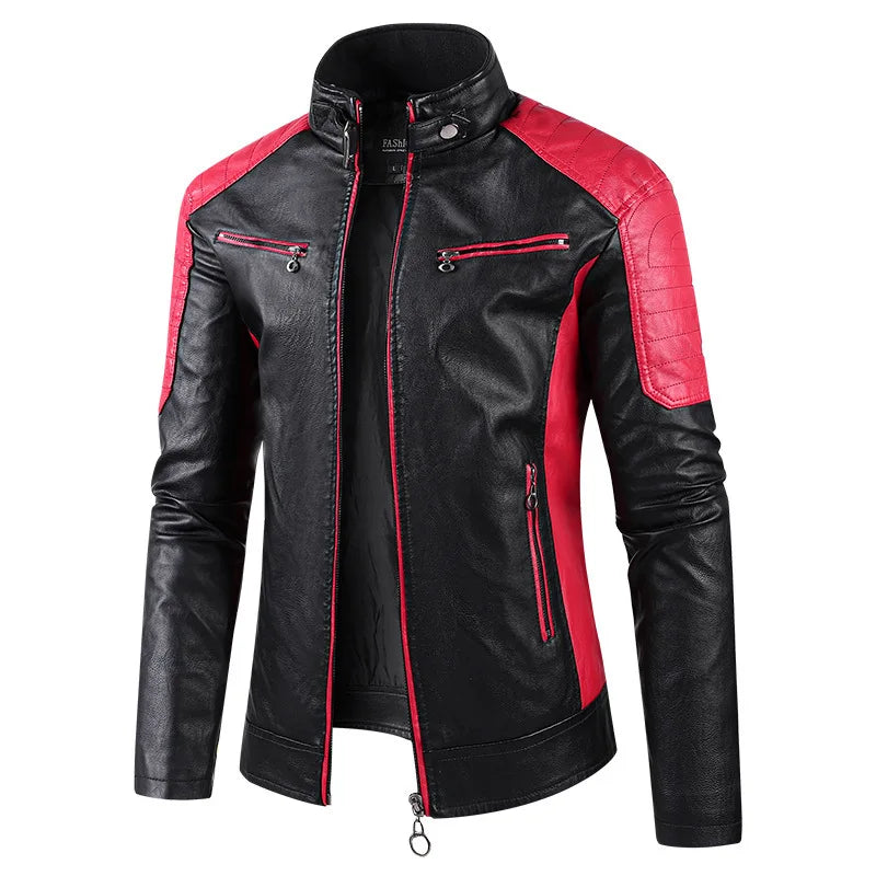 White and Red Patchwork Men's PU Jacket, Stylish Vintage Biker Faux Leather Coat, Available in Black or Brown.