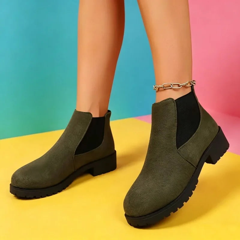 Women Suede Chelsea Boots Thick Sole Elastic Side Non Slip Casual Footwear All Season Daily Wear Comfortable Fit Chunky Design