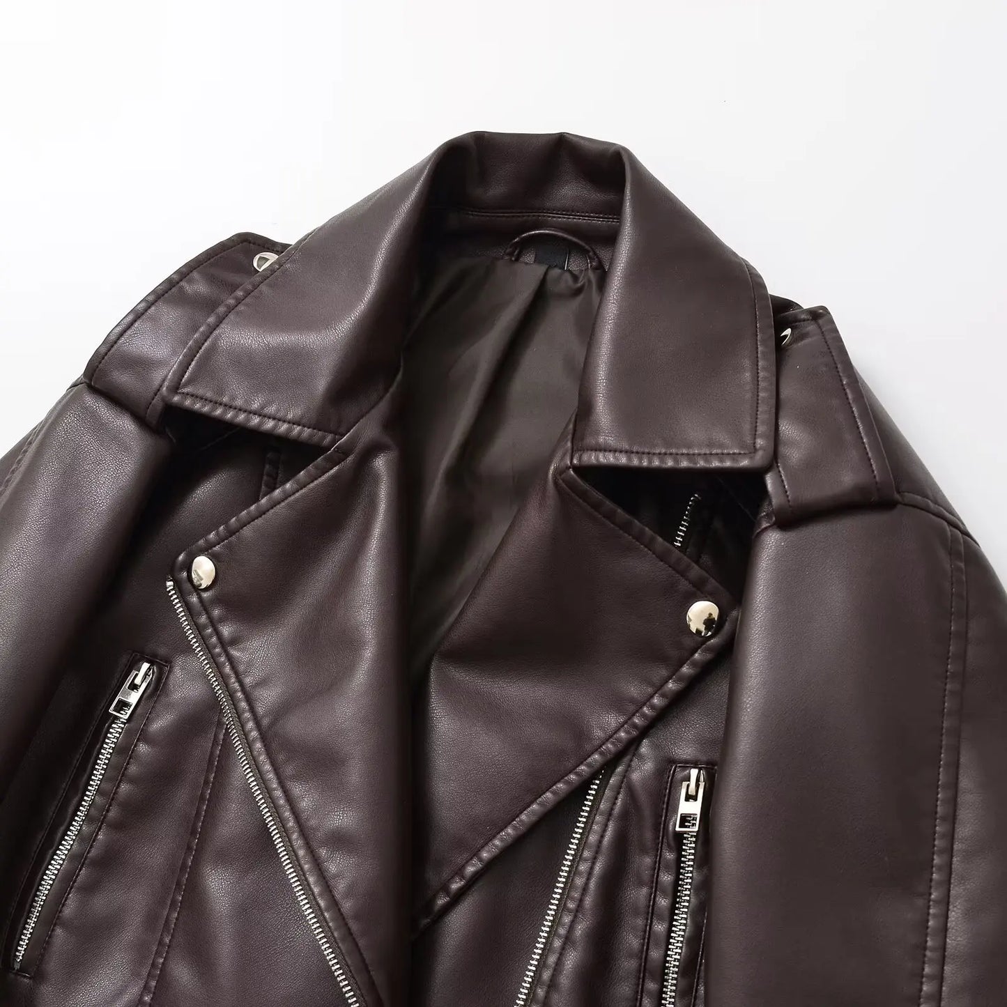 Women Autumn Winter Loose Gray PU Faux Leather Short Jackets Belt Female High Street Zipper Retro Moto Biker Coats Outwear XS-XL