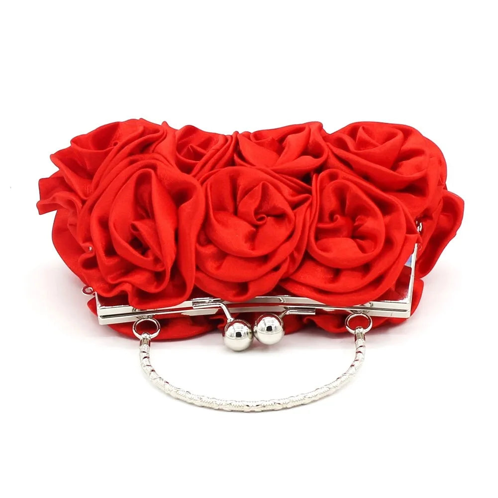 Satin Flower Clutch Bags For Women Banquet Party Evening Bags Metal Handbags Retro Blue Silver Black Chain Shoulder Bag female