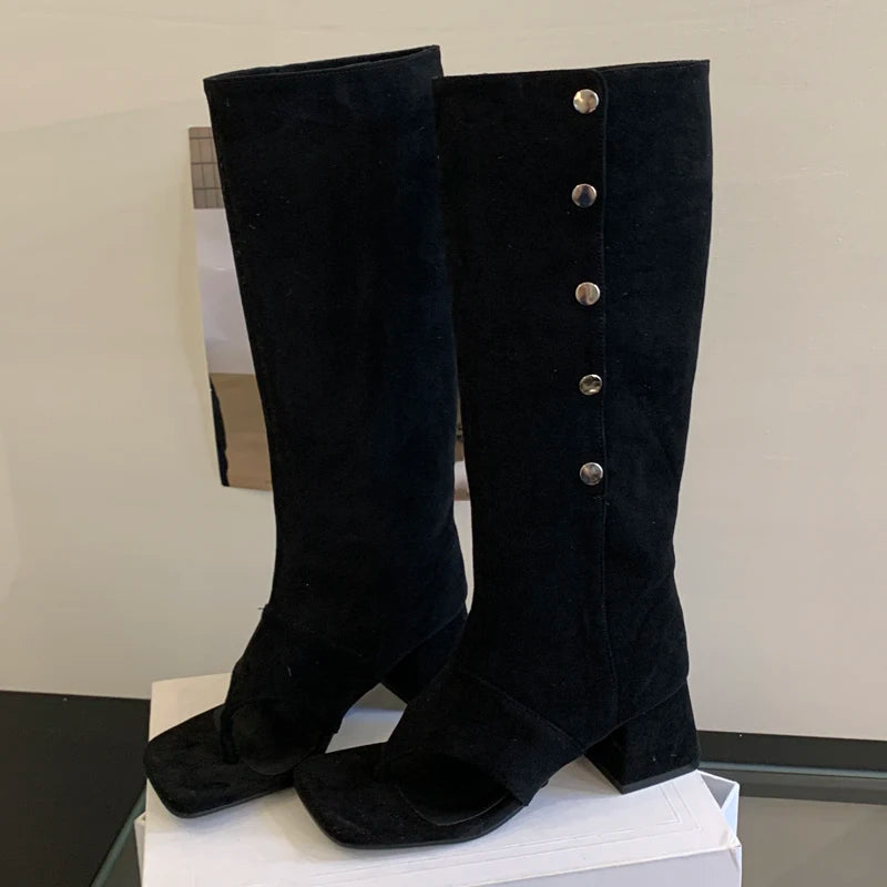 Eilyken Spring Autumn Square Clip Toe Women Knee-High Boots Sandals Fashion Vintage Low Heels Buckle Strap Shoes