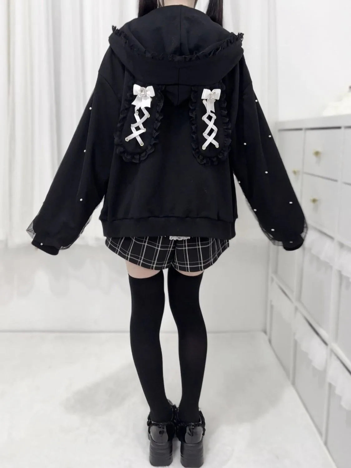 Vintage Japanese Subculture Jirai Kei Jacket Women Y2K Coat Lace Rabbit Ears Hoodie Gothic Sweatshirt Harajuku Halloween Cosplay