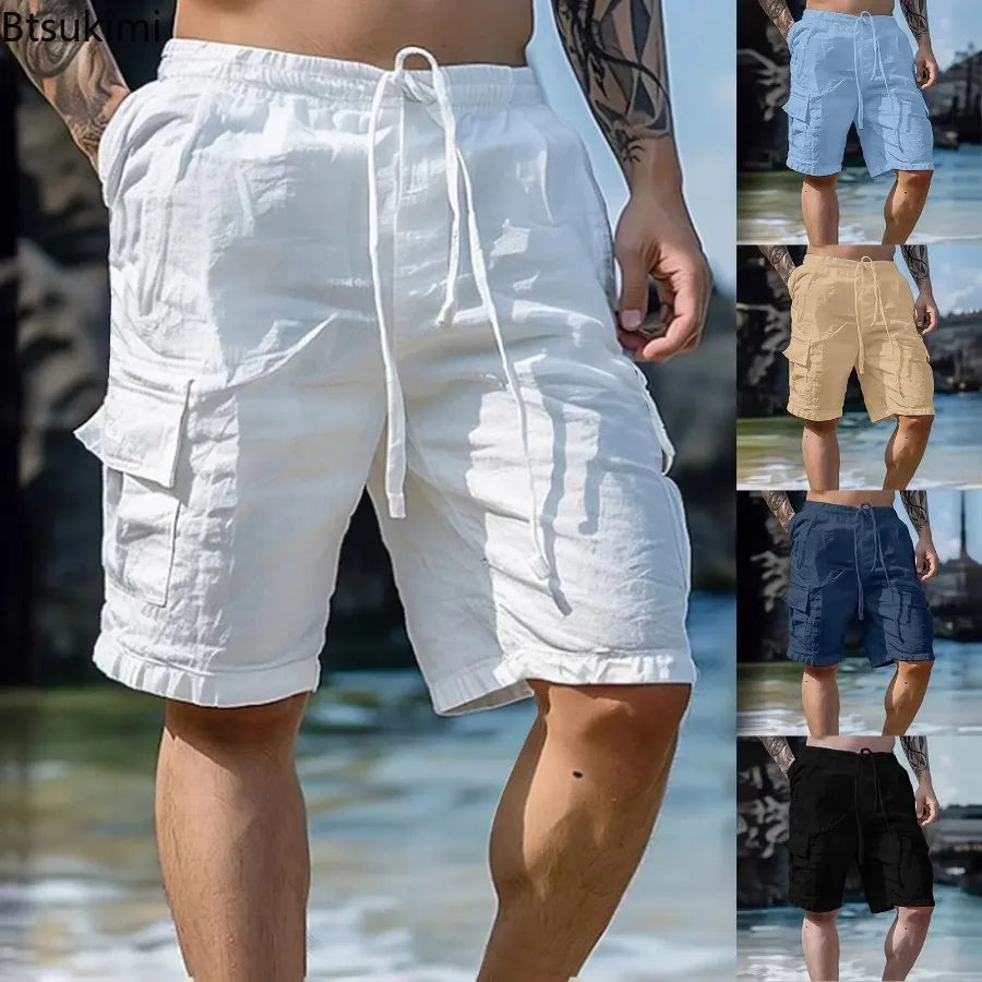 2026 Men's Summer Fashion Loose White Cargo Shorts Handsome Streetwear Beachwear Solid Color With Pockets Shorts Workout Pants