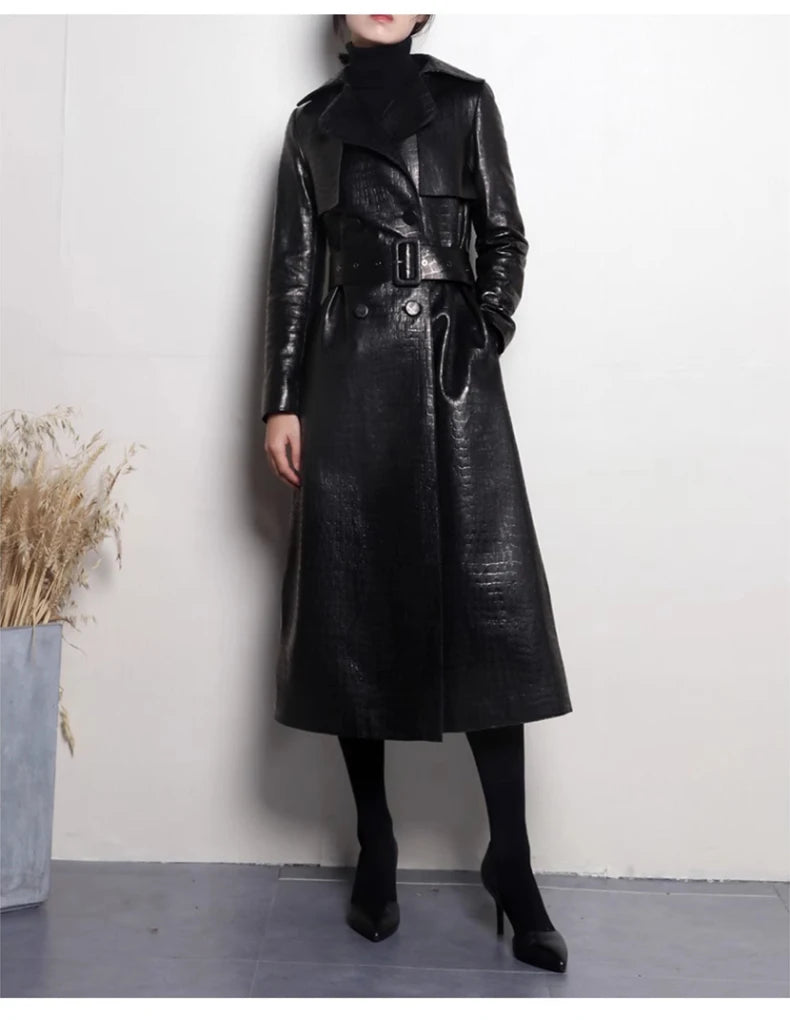 Lautaro Autumn Long Shiny Reflective Patent Faux Leather Trench Coat for Women Belt Double Breasted Luxury Designer Clothes 2023