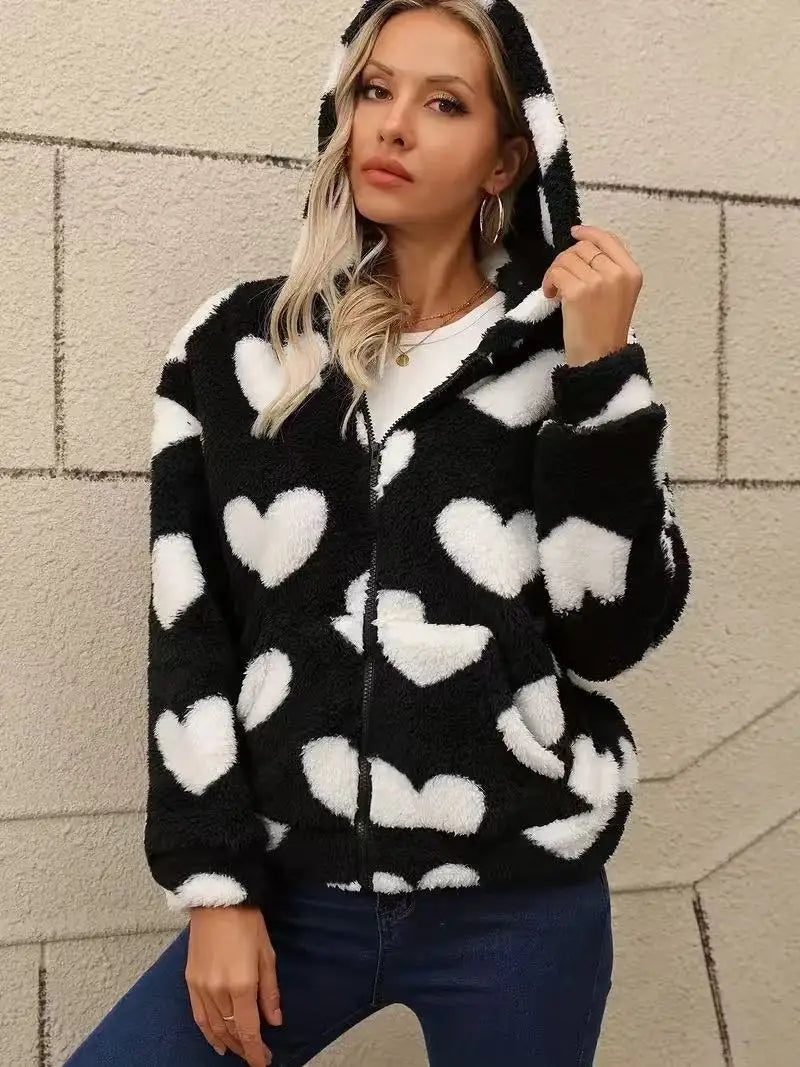 VigoCasey 2026 Women Autumn Print Hooded Jacket Zipper Long Sleeve Thick Plush Warm Coat Winter Lady Casual Pocket Short Coat