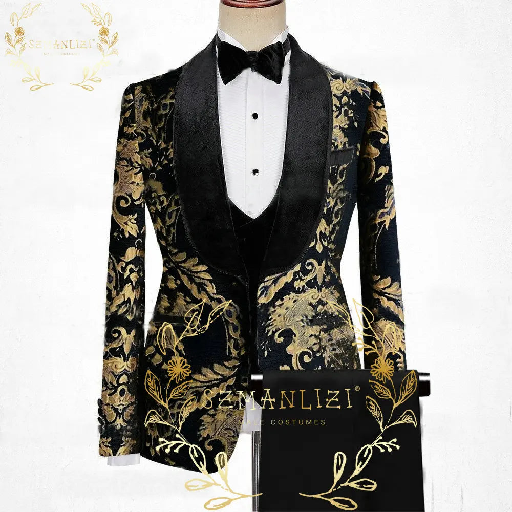 Latest Designs Printed Floral Mens Suits For Wedding Shawl Lapel Groom Tuxedos Slim Fit Terno Masculino Prom Party 3 Pieces Set