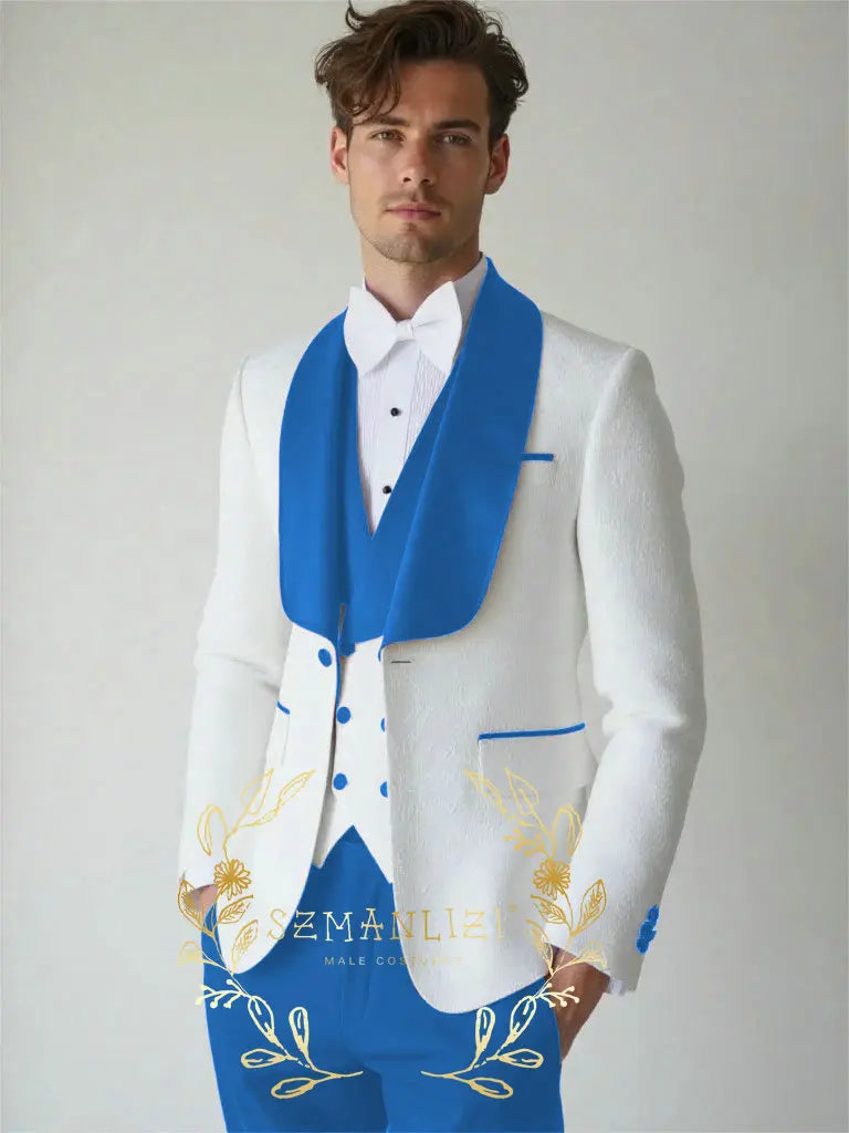 White Floral Wedding Men's 3-piece Suit Set (Jacket Pants Vest) Groom Tuxedo Formal Blazer Elegant Groomsmen Suit for Men