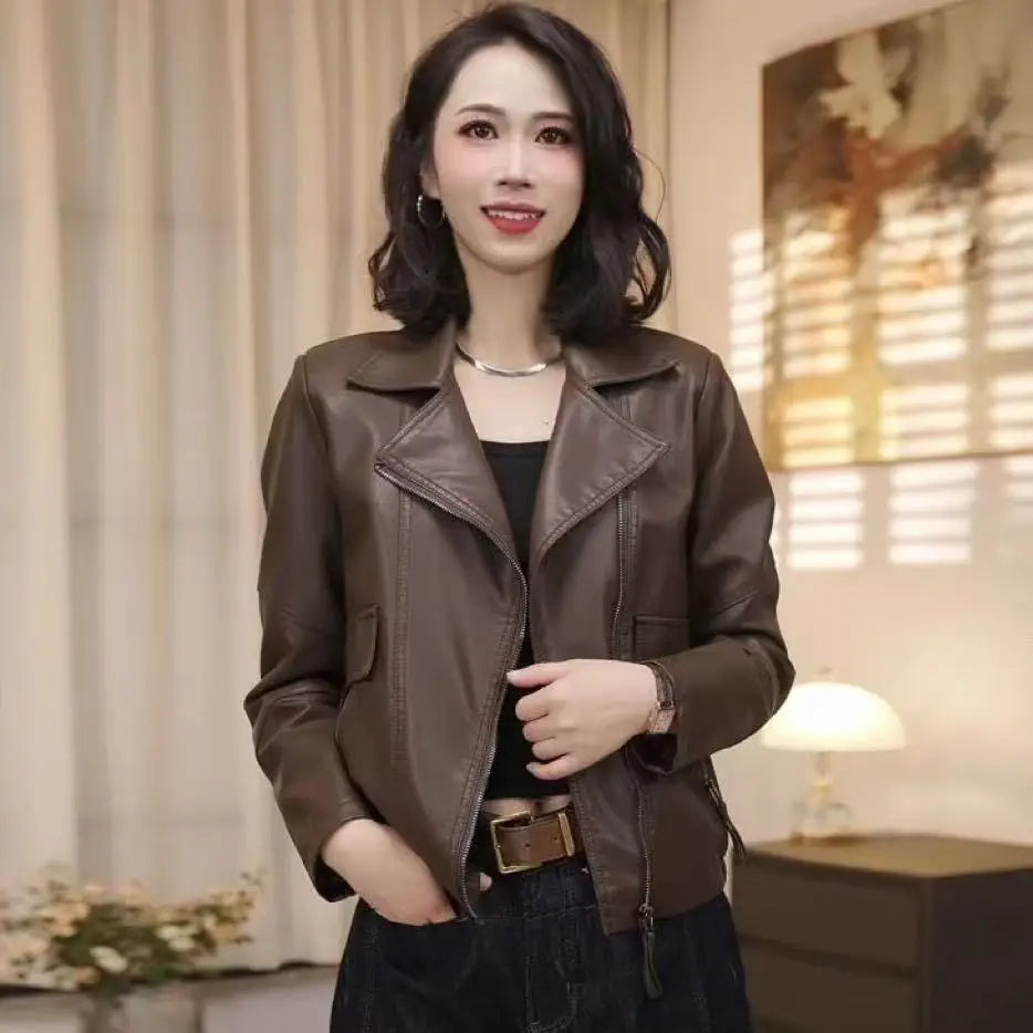 2026 Fashion Autumn PU Leather Jacket Women New Short Leather Coat Retro Lapel Sweet Motorcycle Outerwear Ladies Overcoat Top