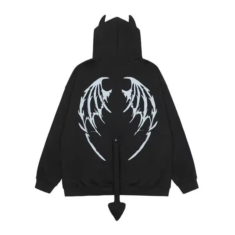 2025 Autumn Harajuku Hoodies Women Gothic Devil Horn Hooded Sweatshirt Halloween Cos Clothes Detachable Tail Zip-Up Outwear