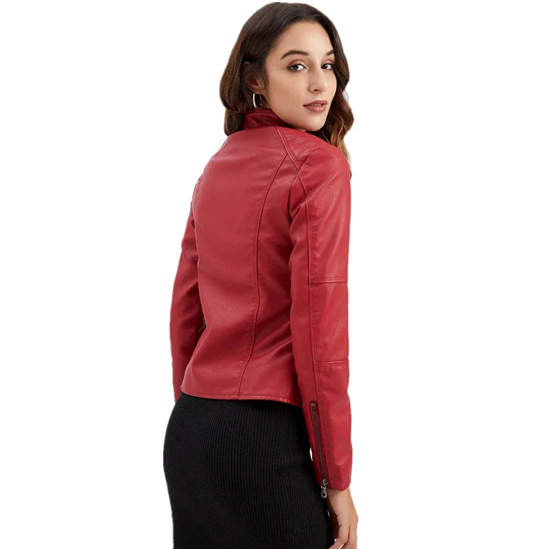 Autumn New Women's Leather Jacket, Fashionable Trim Motorcycle Women PU Coat Black Purple Brown Tops Female Menteau