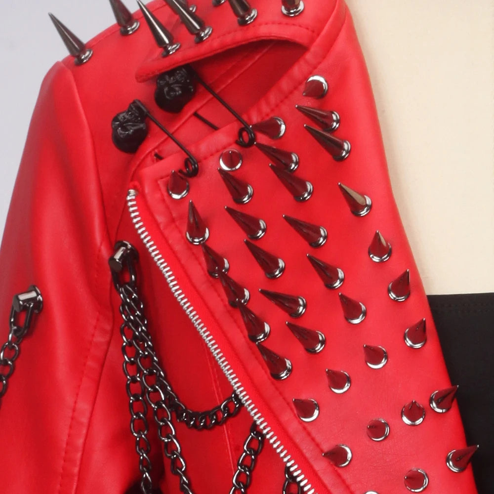 Women's Red PU Leather Gothic Punk Biker Jacket with Spikes Vintage Studded Y2K Rocker Grunge Spiked Coat Emo Alt Goth Clothing