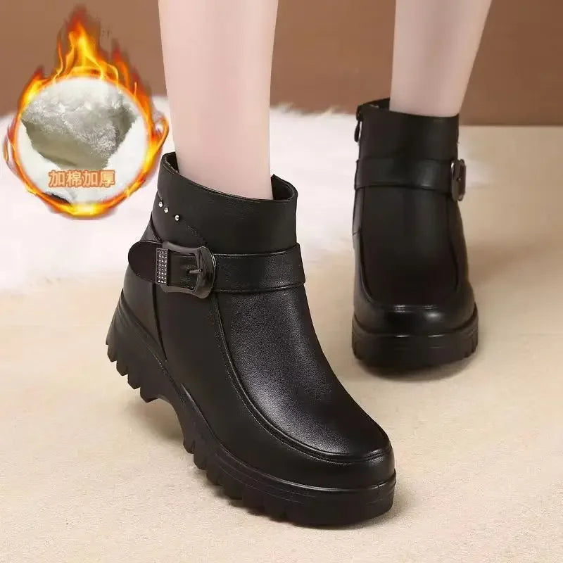 2024 Fashion Winter Women Pu Leather Ankle Boots Female Thick Plush Warm Snow Boots Mother Waterproof Non-slip Booties