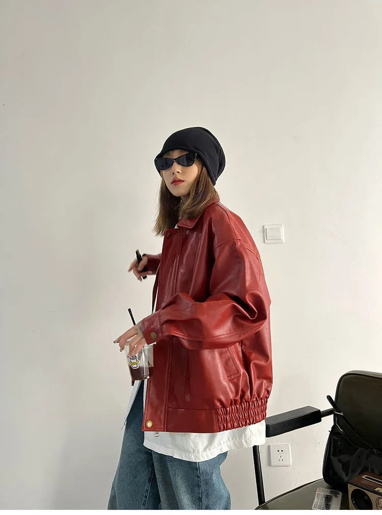 Punk Vintage Red Leather Jacket Women Streetwear Moto Biker Zipper Leather Jacket Female Winter High Street Chic Leather Coat