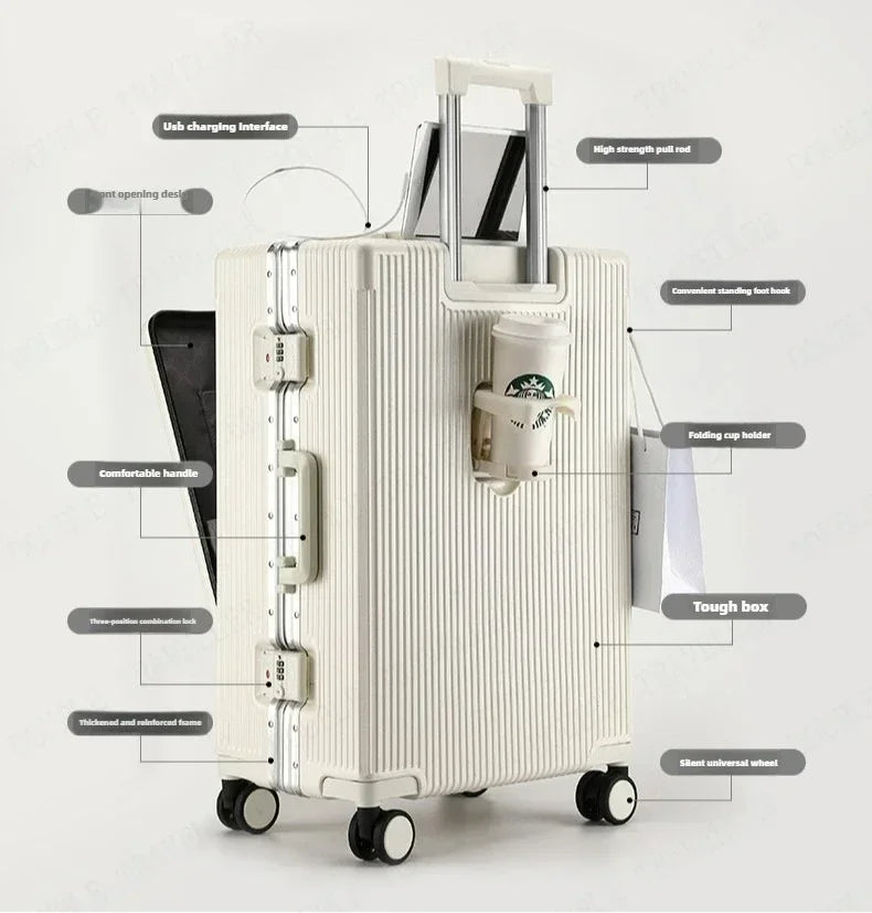 Front Opening Large Capacity Rolling Luggage Case Aluminum Frame ABS+PC Trolley Case Suitcase USB Charging Boarding Case
