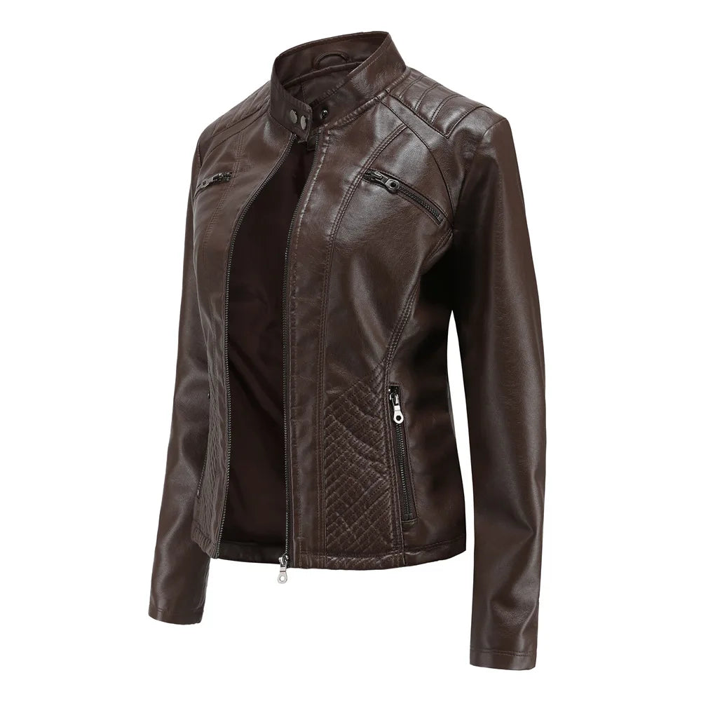 Ladies casual stand-up collar jacket Slim models women's spring and autumn solid color women's leather jacket