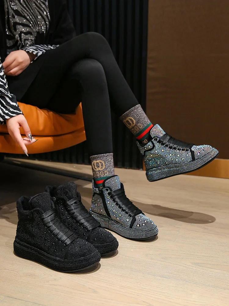 Diamond Elegant Boots and Ankle Boots for Women Winter Bottom Women's Snow Boots Round Toe Thick Bottom Warm Flashing Shoes