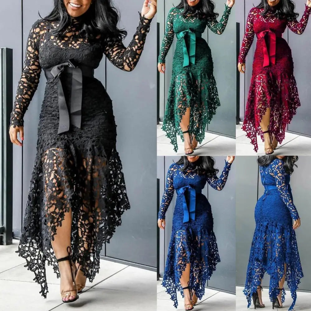 Lace Bow Belted Women Dress Elegant Long Sleeve Irregular Hem Women Bodycon Party Long Dress Vintage Wedding Evening Party Dress