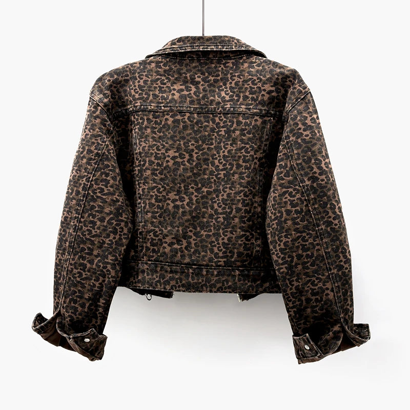 Autumn Vintage Leopard Print Slim Short Denim Jacket Women Cowboy Outerwear Chaquetas Mujer Casual Zipper Jeans Jackets Female