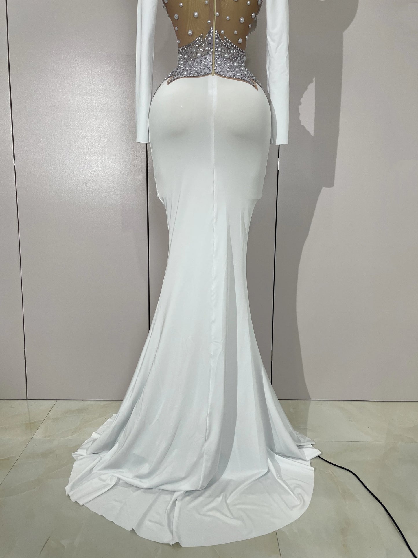 Luxury Sparkly Diamonds Pearl White See Through Mesh Long Dress Women Wedding Evening Party Stage Performance Photoshoot Dress