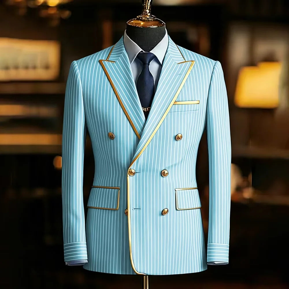 Men's Pinstripe Blazer Double Breasted Slim Fit Peaked Lapel With Gold Trim Formal Suit Jacket  For Groomsman Wedding Prom Hot