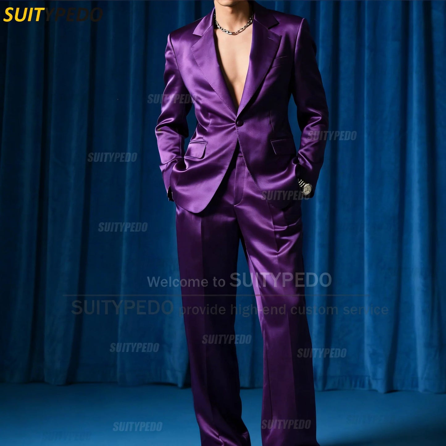 Fashion Royal Blue Satin Party Prom Men's Suit Sets 2 Pcs Blazer And Pants Brief Solid One Button Notch Lapel  Homme Costumes