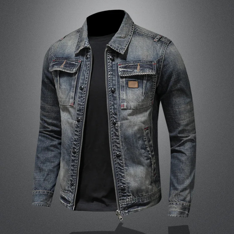 Cross-Border Foreign Trade European Size Personalized Zipper Motorcycle Men's Turn-Down Collar Denim Jacket Trendy Retro