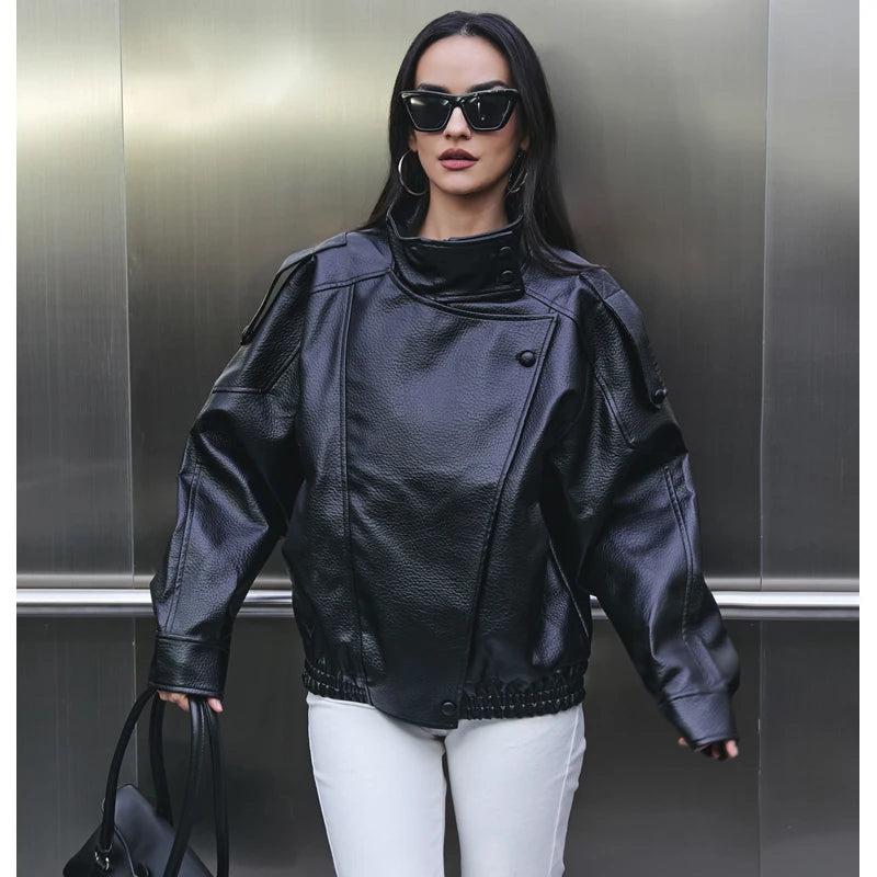 HXAO Women's Faux Leather Jacket Short Coat Black Bomber Jackets For Woman Loose Winter Outerwear High Neck Aviator Jackets