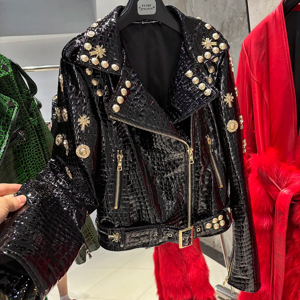 Women Stylish Gold Rivet Real Leather Jacket High Glossy Genuine Leather Asymmetrical Zip Biker Jacket
