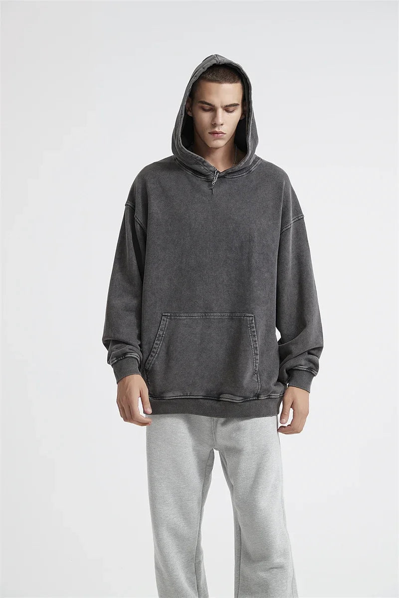 2024 Autumn Winter Men 420gsm Hoodies Streetwears High Street Heavy Weight Washed Cotton Sweatshirts Brand Tracksuit