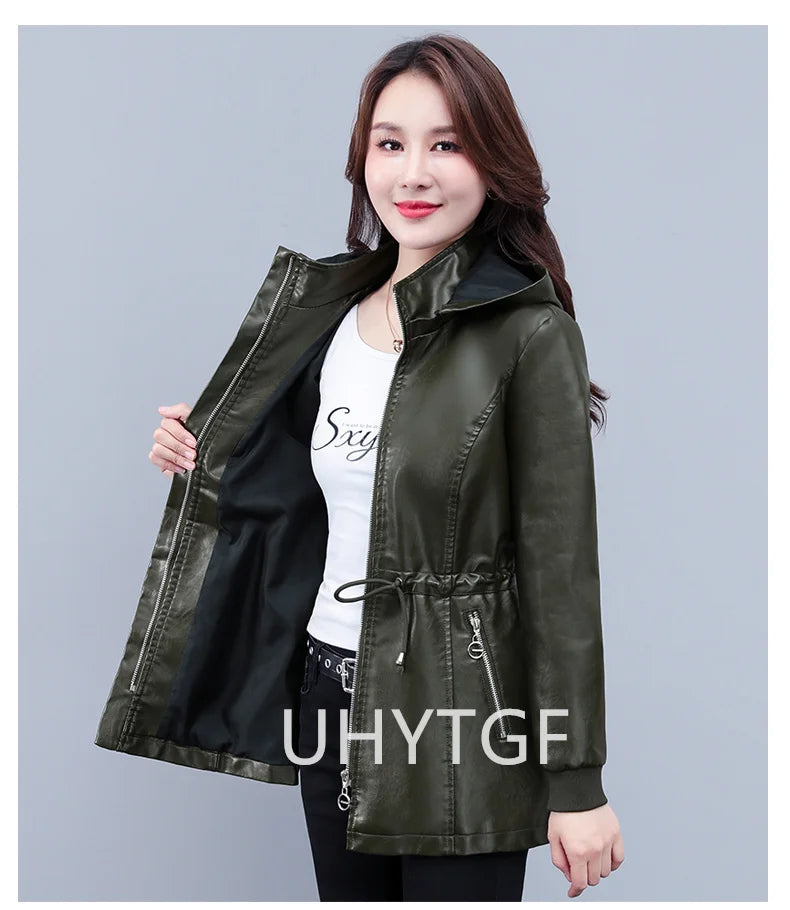 UHYTGF Fleece Winter Leather Female Quality Pu Leather Windbreaker Women Temperament Slim Warm 3XL Big Size Coat Deri Ceket 425