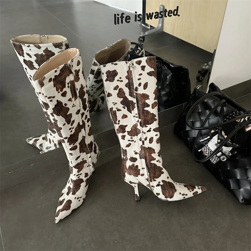 ZAROY Stiletto Heel Knee High Boots Brand Designer Brown Cow Print Pointed Toe Zipper Runway Banquet Dress High Botas сапоги