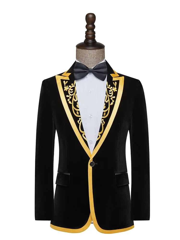 New Men High Quality Golden Velvet Embroidered Suit Slim Fit Jacket Fashion Homme Wedding Prom Party Luxury Dress Blazers