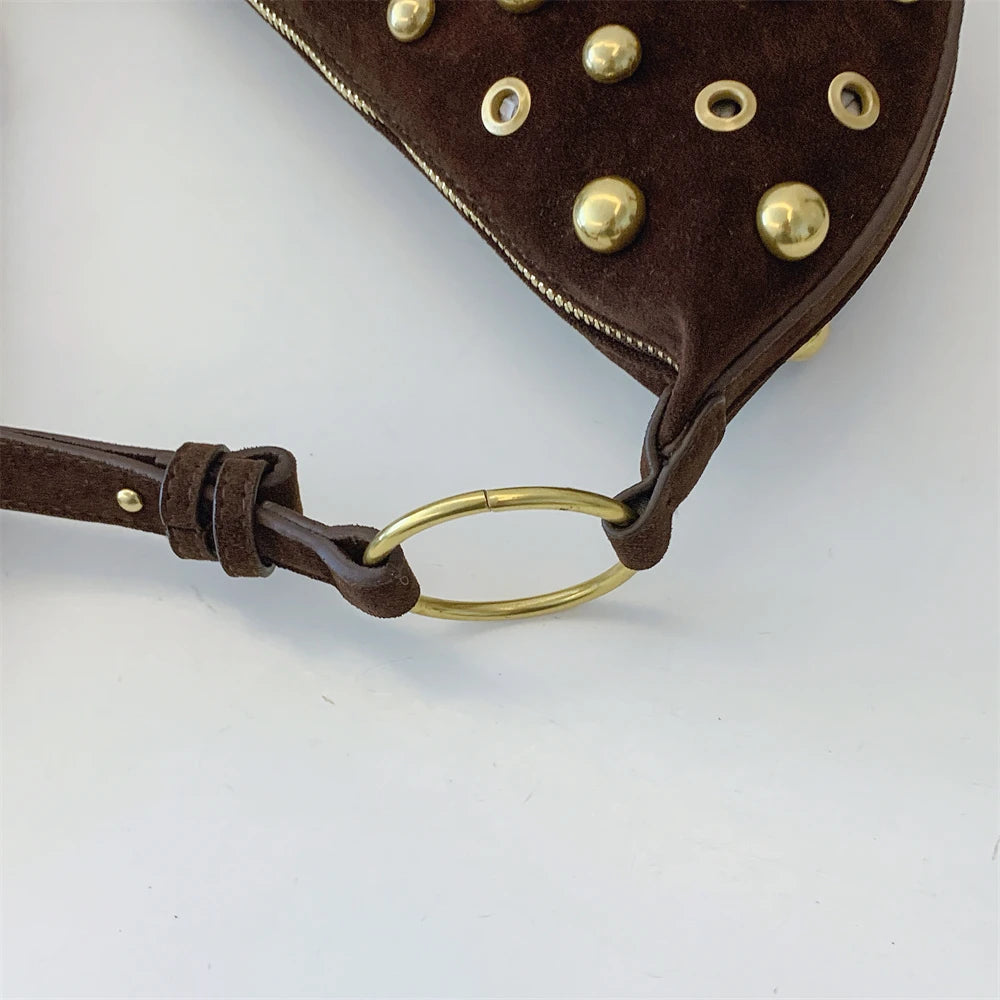 MOODS Branded Half-moon Shoulder Bags For Women Faux Suede Rivets Decor Crossbody Hobo Bags 2025 Latest Designer Handbags Luxury