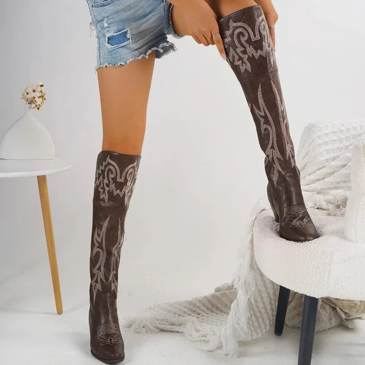 Knee High Boots Womens Shoes 2026 New Western Cowboy Knight Boots Over Knee Side Zipper Long Tube Boots Women Shoes High Heels